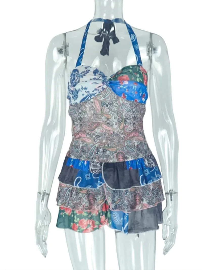 

2025 Women's Fresh Abstract Printed Ruffle A-line Dress Hanging Neck Backless Short Casual Vacation Dresses