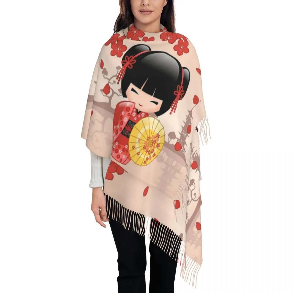 Japanese Red Sakura Kokeshi Doll Scarf for Womens Winter Warm Cashmere Shawls and Wrap Large Scarves with Tassel Lightweight