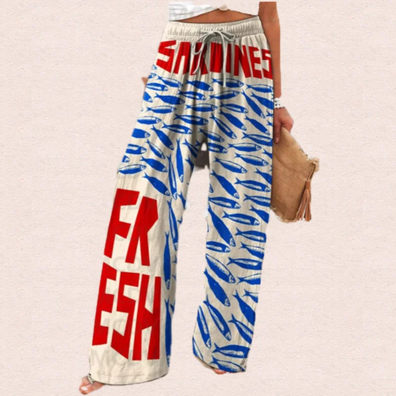 

Women Art Sardine Fish Printed Linen Casual Pants, Long Sleeve Folding Collar Shirt, Retro Style Summer 2025 pantalones de mujer