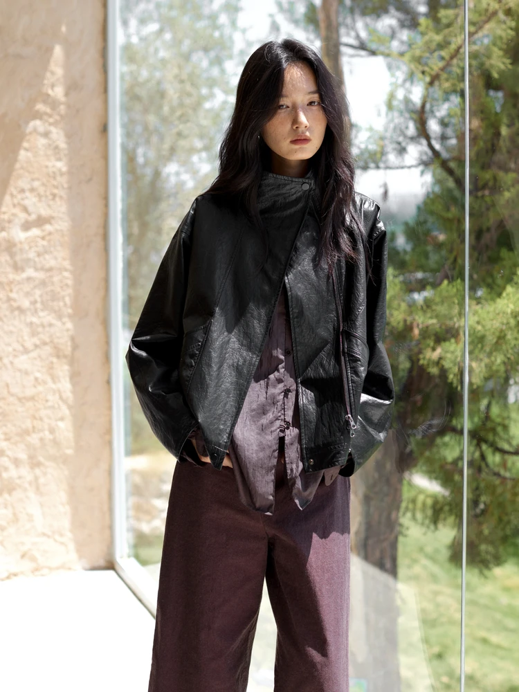 Early Autumn New Arrival Bla ort Stand Collar Leather Jaet Versatile Cool Sle Wood ain Design Commute Friendly Zipper