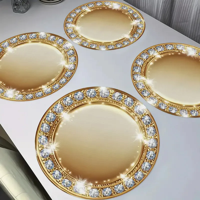 VIKAMA Round Placemats Set of 4 Luxury Golden Diamond Border Linen Mats Non-Slip Heat Resistant for Holiday Banquet Decor