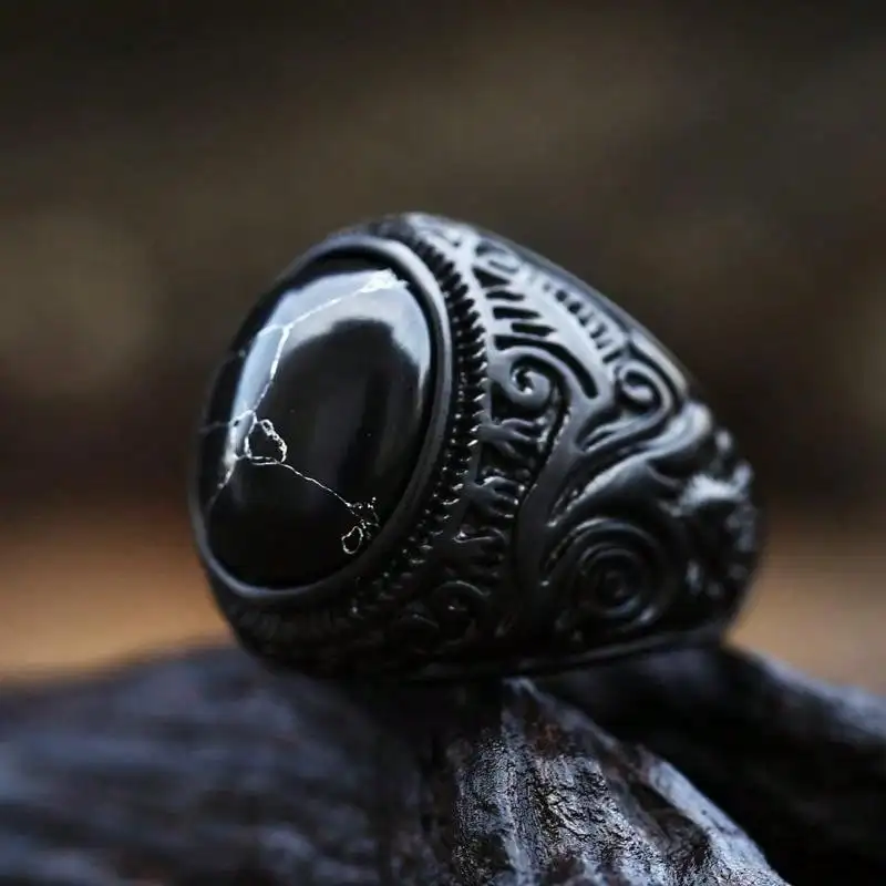 Vintage Black Rings for Men Anniversary Party Gift Fashion Imitation Stone Resin Men Rings Jewelry Accessories