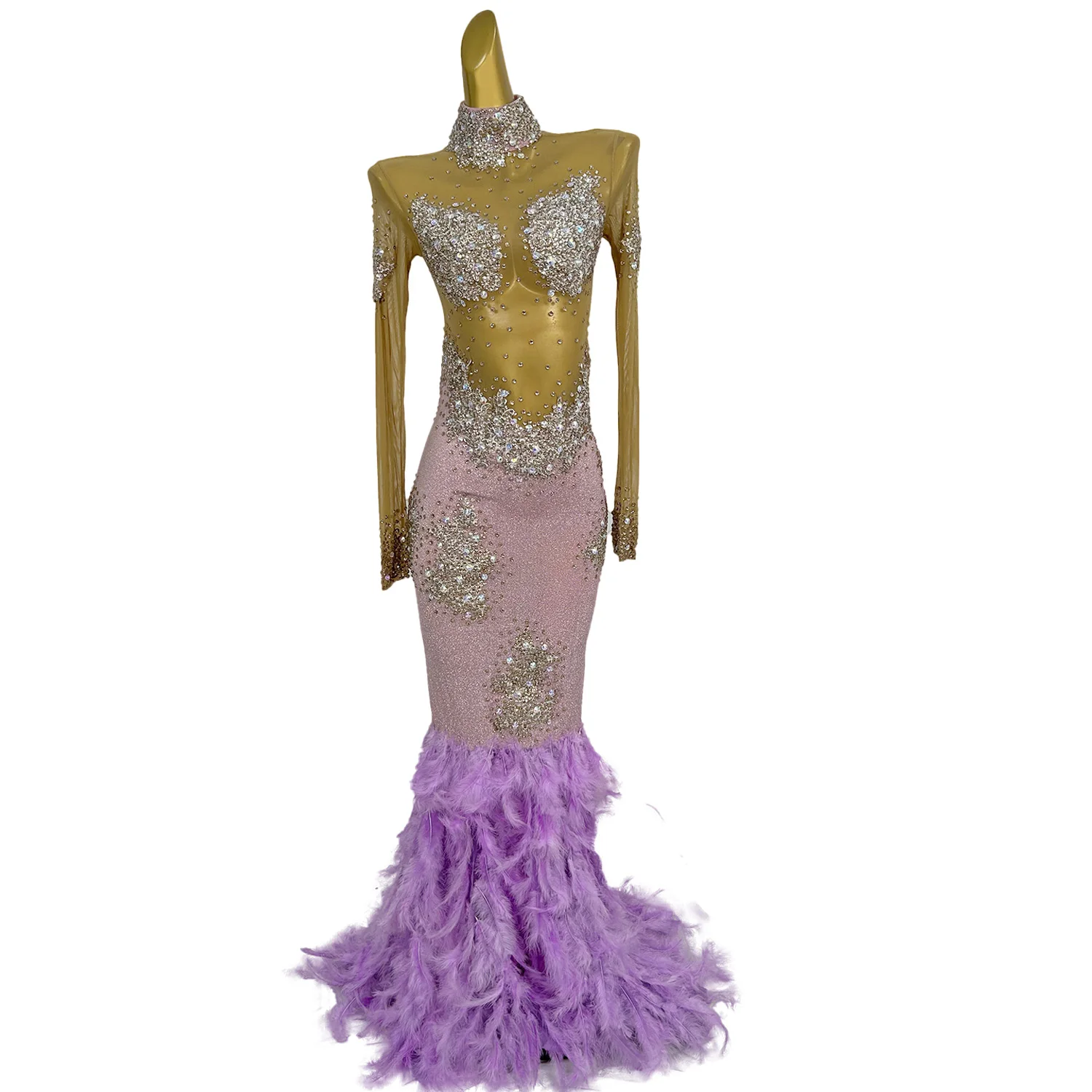 Elegancka Sukienka na Urodziny z Kryształkami i Cekinami, Syrenka, Długa Suknia Wieczorowa Damska z Piórami, Sukienka na Bal Maturalny, Sukienka Wieczorowa z Trenem