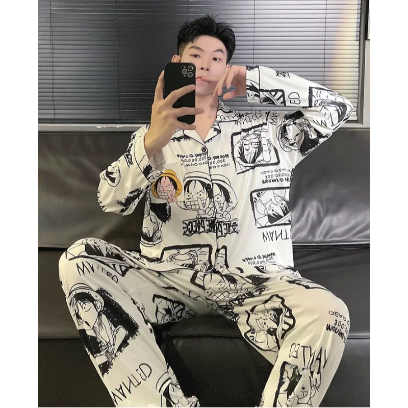 ONE PIECE Luffy autumn pure cotton cartoon long-sleeved trousers casual men\'s pajamas two-piece loungewear silk pajamas men