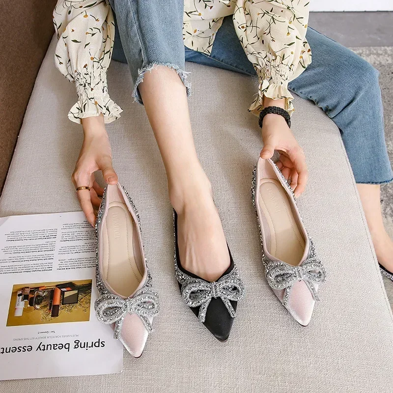 Ballet Flats Shoes for Women Fashion Rhinestones Bow Flat Footware Female Plus Size Moccasin Boat Shoes Chaussure Femme 2024