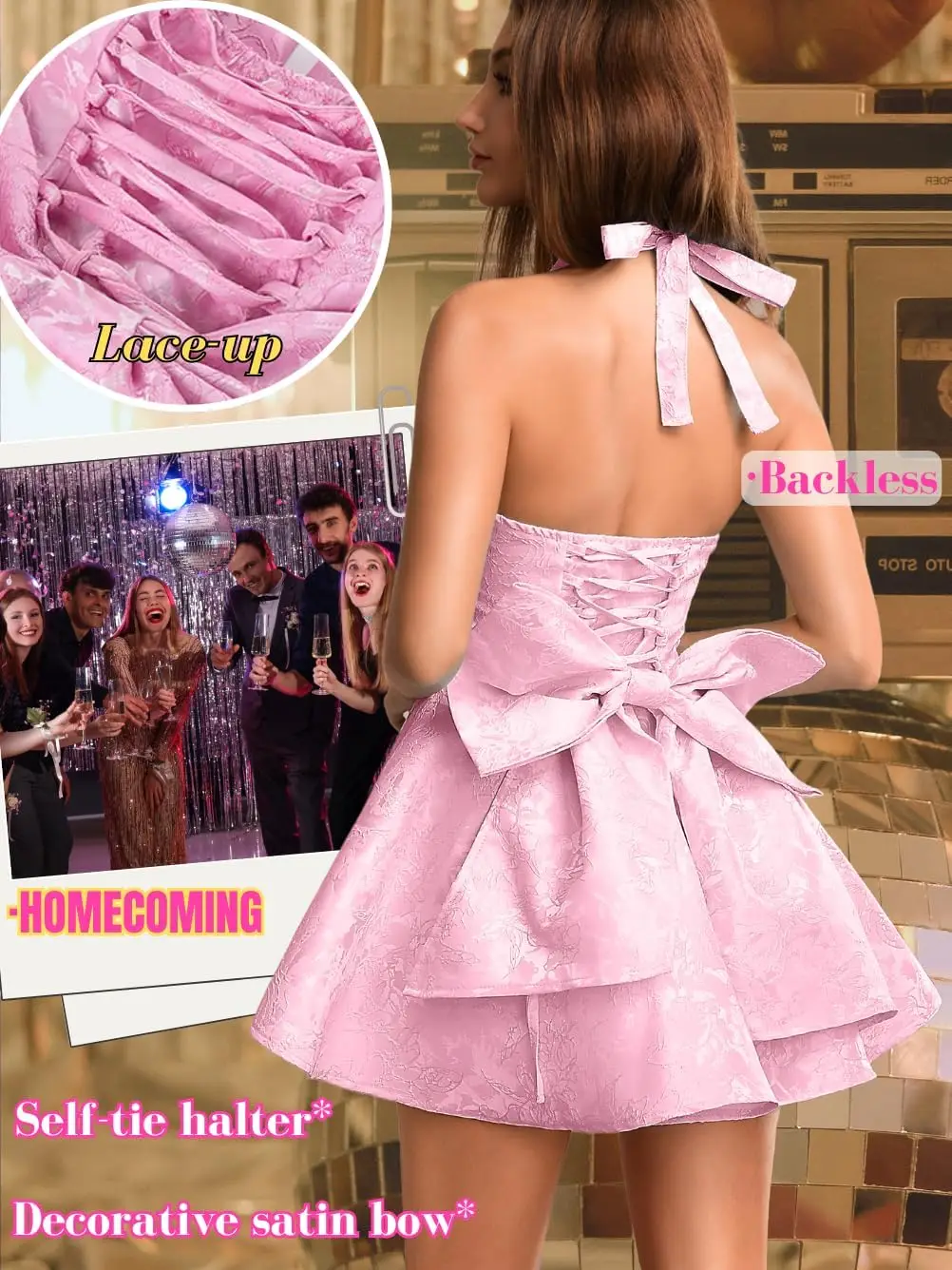 Satin-Jacquard-Heimkehrkleid, hängender Hals, Schleife, tiefer V-Rücken, sexy Minirock, elegantes Abendkleid für Geburtstagsfeier, Tanzparty