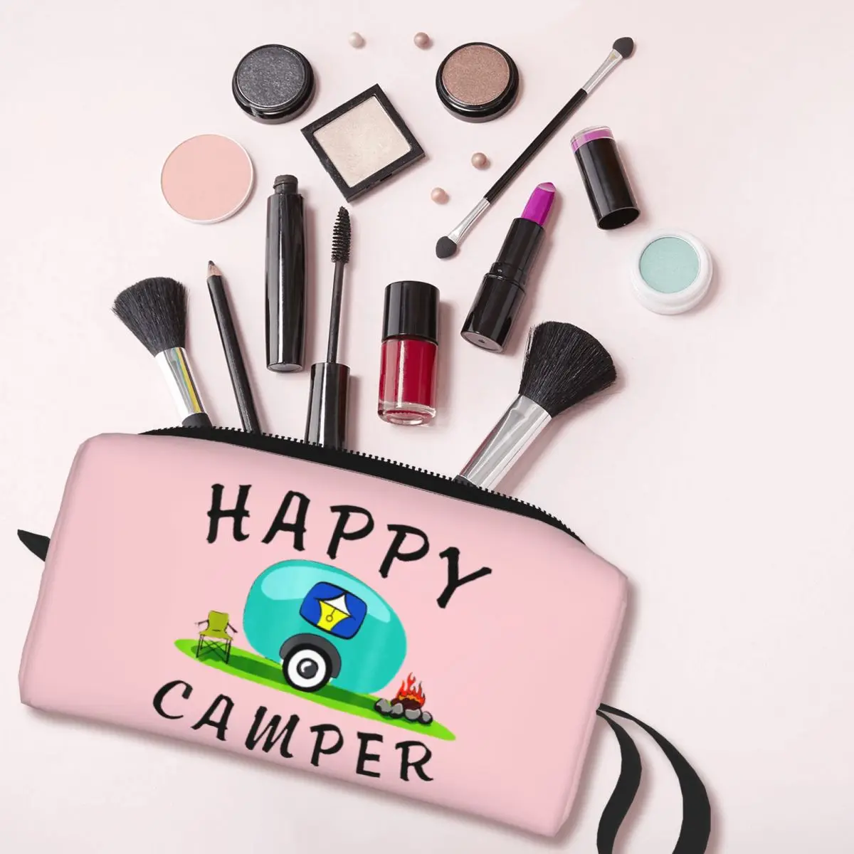 CUSTOM น่ารัก Happy Camping Trailer Camper กระเป๋าเดินทางผู้หญิงแต่งหน้าเครื่องสําอางค์ความงาม Dopp ชุด