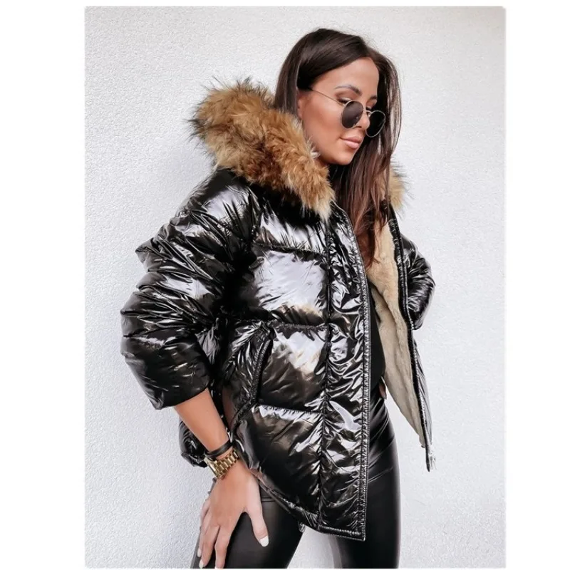 Women Solid Shiny PU Jackets 2023 Winter Fashion Big Fur Collar Hooded Down Cotton Coats Ladies Casual Thick Warm Zipper Parkas