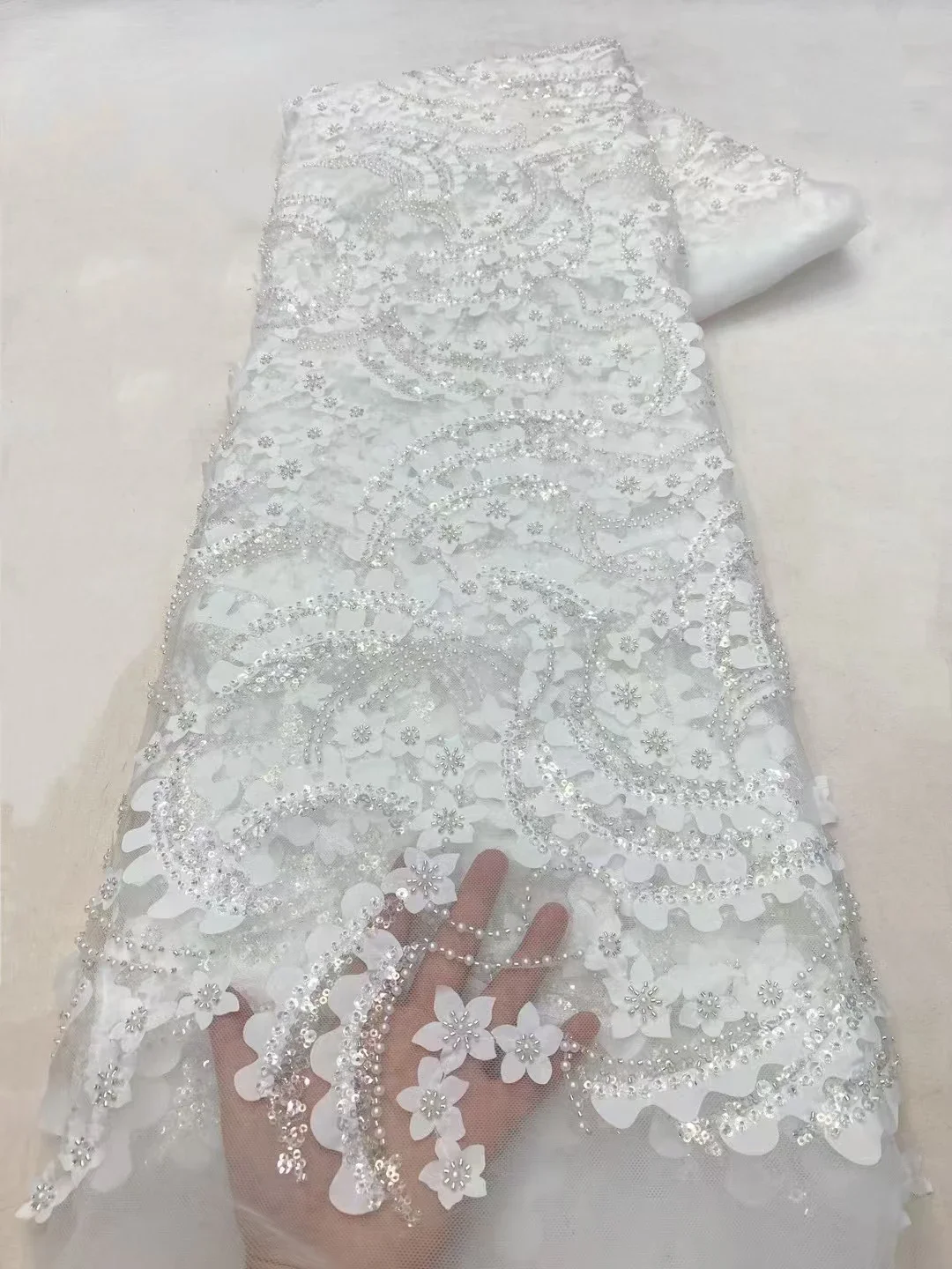

2025 High Quality New Fashion White 3D Beaded French Lace Fabric Sequins Handmade Beads African Nigerian Lace Fabric LXX25125