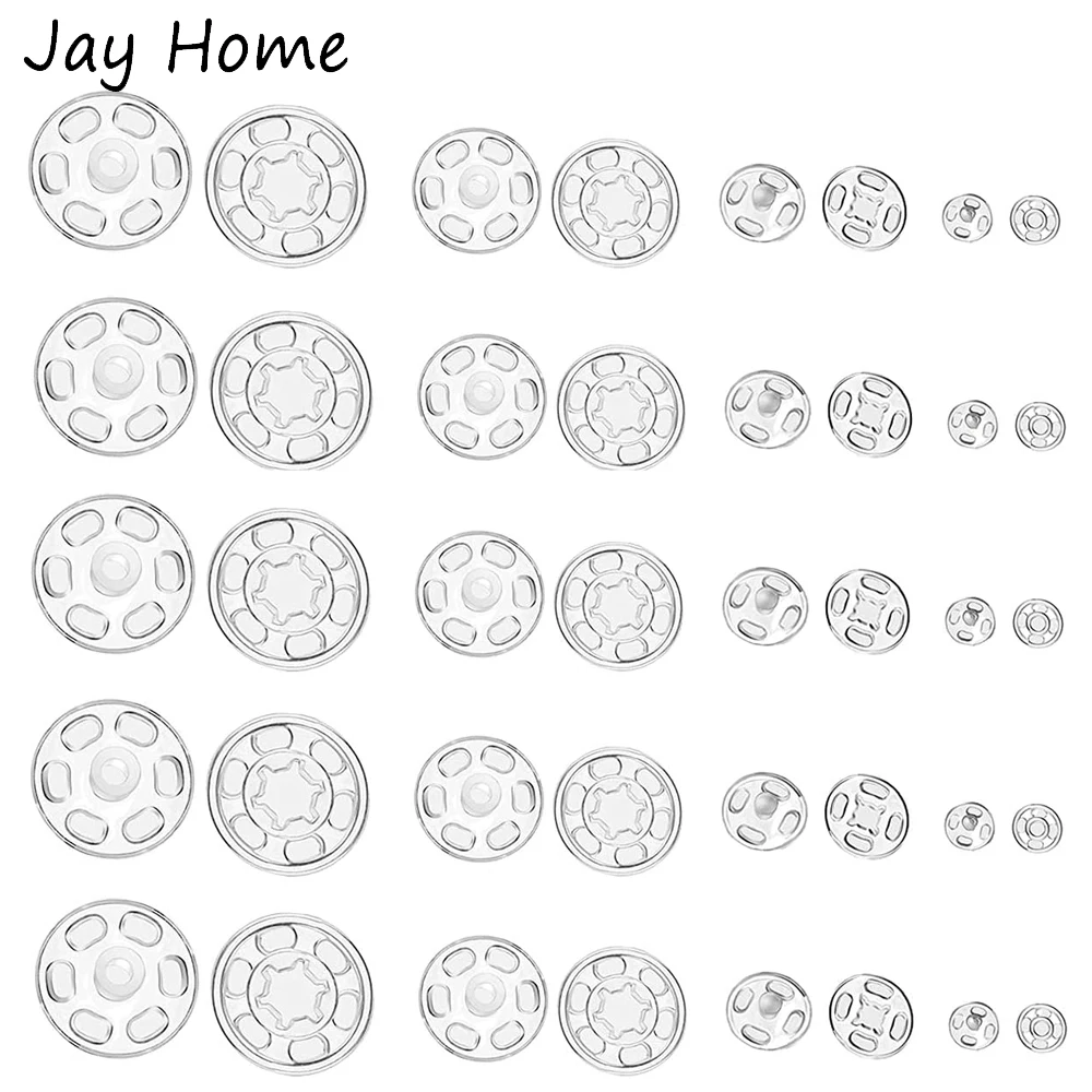 30ペアのプラスチック製スナップボタン透明な目に見えない縫製スナップファスナーDIYシャツ服縫製7/10/13/15/18mm
