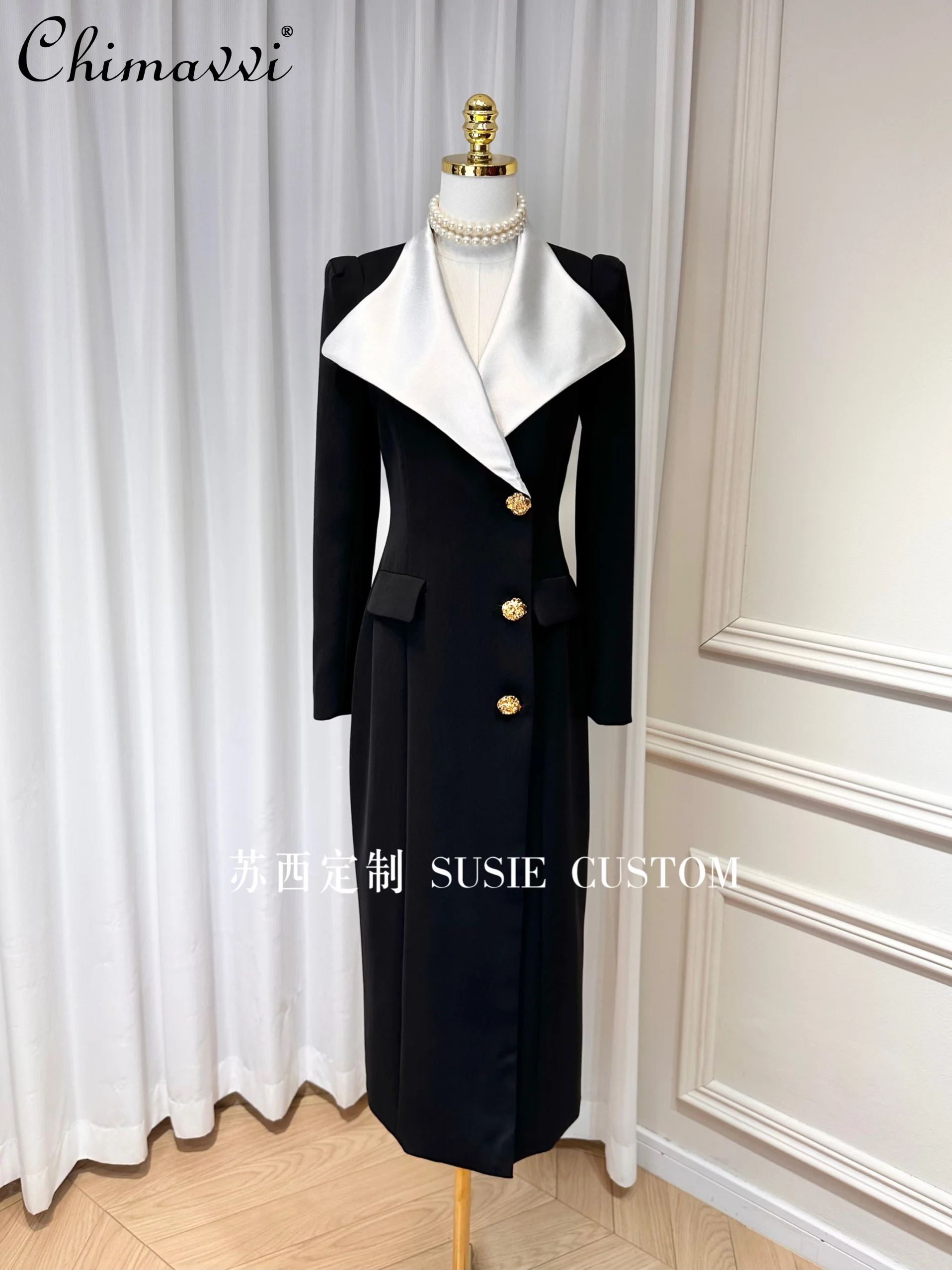 OL Contrasting Color Large Lapel Gold Buckle Shoulder Padded Long Suit Dress Autumn High-end Fashion Long-sleeved Elegant Dress