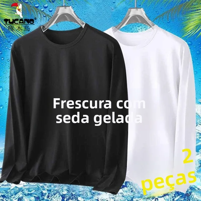 Camiseta Masculina TUCANO de Verão Leve e Solta de Seda Gelada com Manga Longa, Secagem Rápida, Respirável, Casual para Ativi...