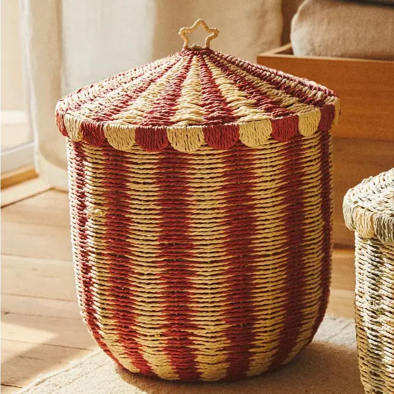 

Rattan Circus Striped Storage Basket Dirty Clothes Basket Woven Basket Home Children's Room Toys Organizing Storage Box