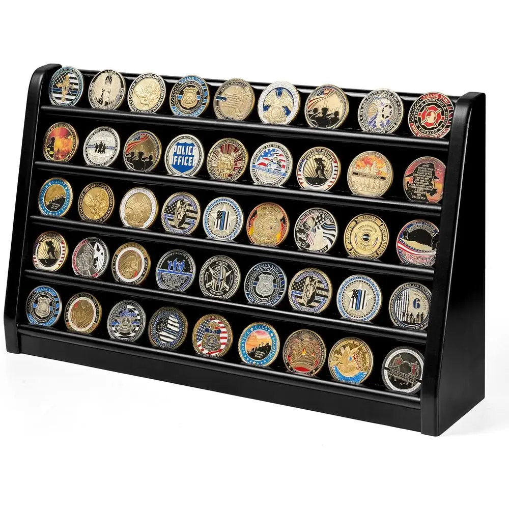 

Military 5-Row Wooden Coin Display Case for 50 Coins, Wall or Desk Mount, Black Finish for Collectors
