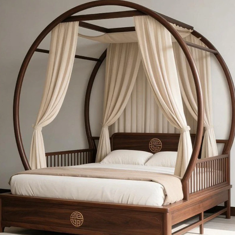 Round minimalist, zen frame bed, new Chinese style, North American black walnut, solid wood four-poster bed
