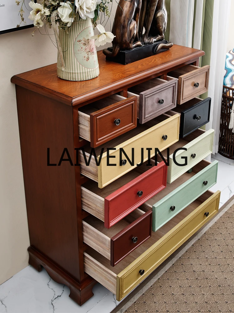 Solid Wood Chest of Drawers Living Room Vintage Storage Bedroom Entrance Cabinet Mediterranean Colorful Art Furniture