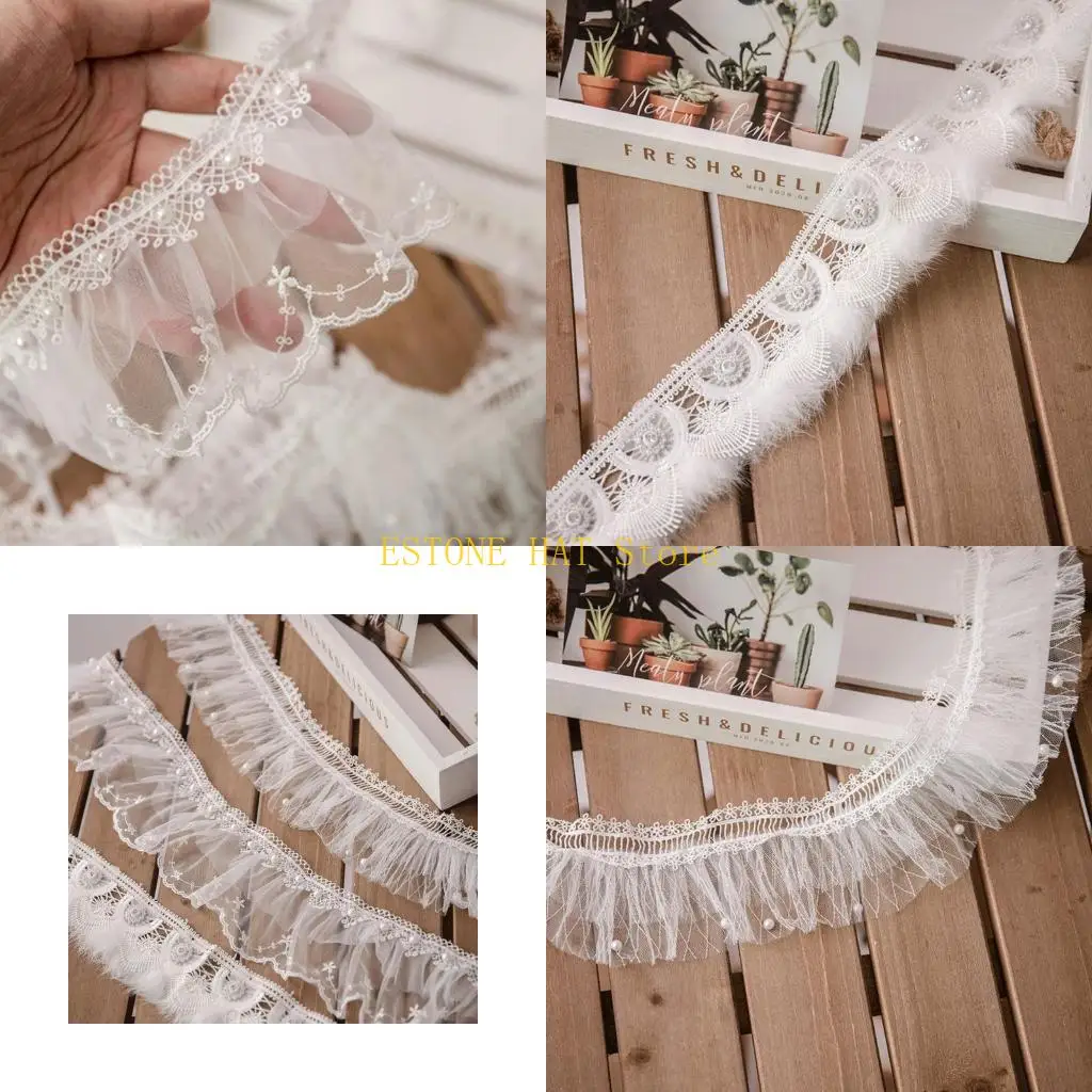 49MF 1 Yard Pleated Gathered Mesh Lace Ruffle Trim Ribbon Tassel Imitation Pearl Beading Applique Wedding Bridal Dress DIY Craft
