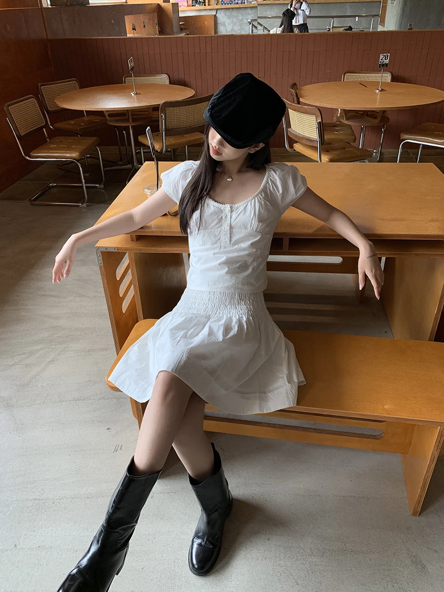 Csa Blanca de Manga Corta para Mujer, Estilo Veraniego, Ajustada, con Cintura Ajustada, Estilo Corto, Transpirable, de A...