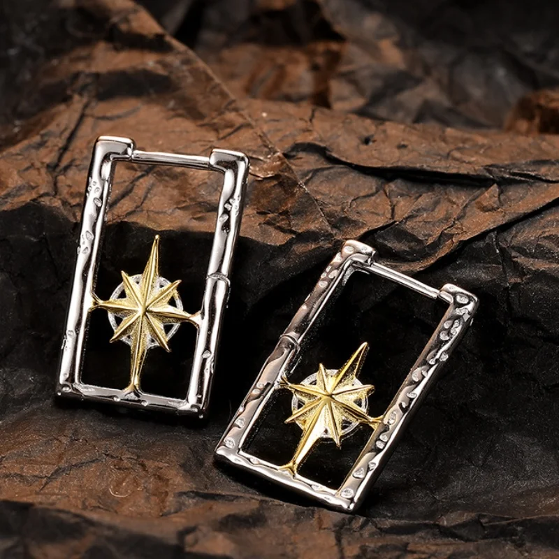 S925 Sterling Silver Earrings for Women New Fashion Hollow Contrast Colors Eight Pointed Star Ear Studs Jewelry Christmas Gift