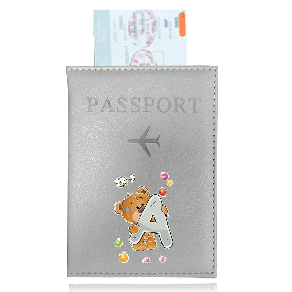 Soporte para pasaporte de PU, fundas para boletos de Color plateado, estampado de oso, serie de letras, identificación, tarjetero, funda, accesorios