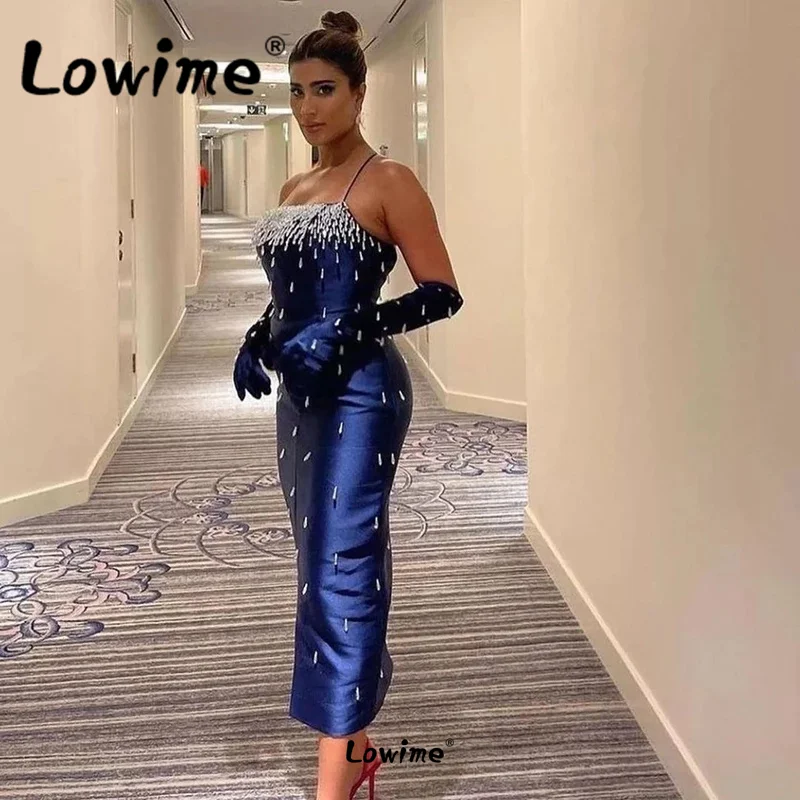 

Navy Blue Elegant Evening Dress Ankle Length Beaded Spaghetti Strap Women Party Gown 2022 Plus Size Celebrity Prom Dresses Robe