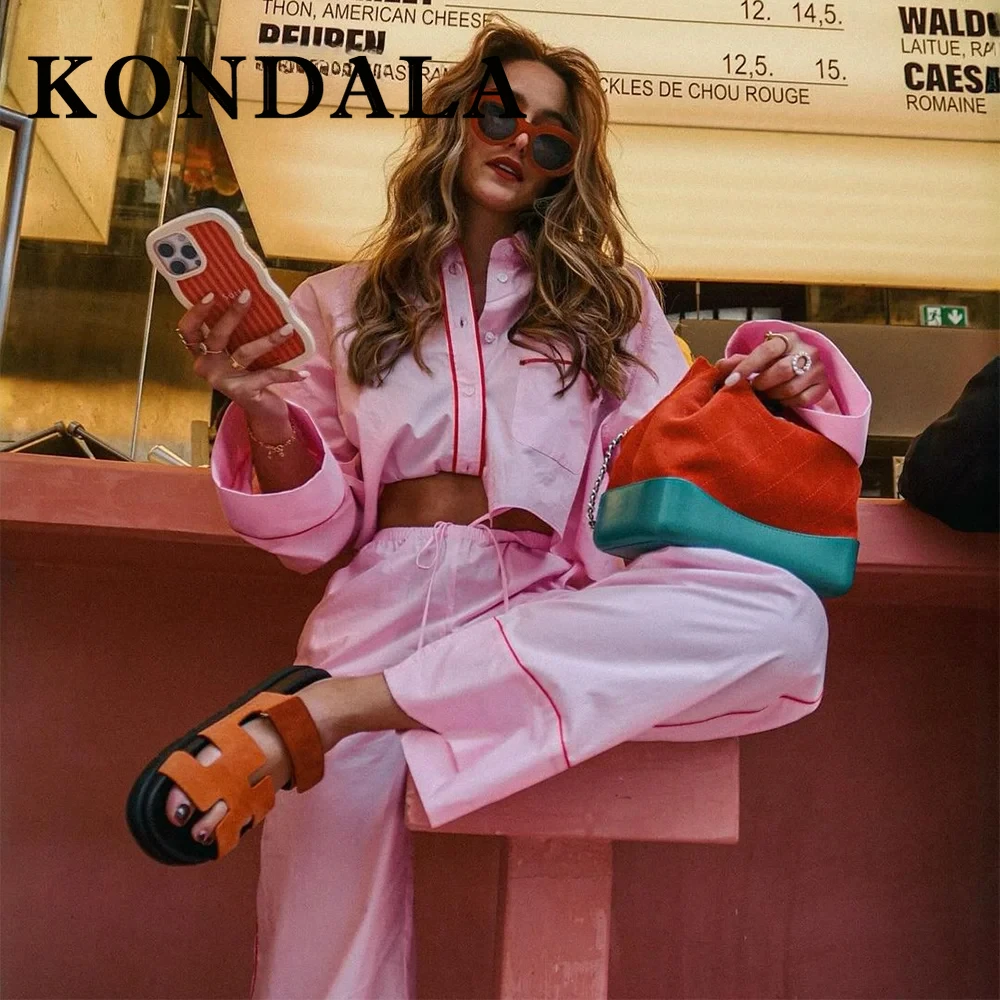 KONDALA 2025 Spring Summer Casual Striped Suit Fashion PATCHWORK Turn Down Collar Streetwear Short Shirt+Elastic Waist Long Pant