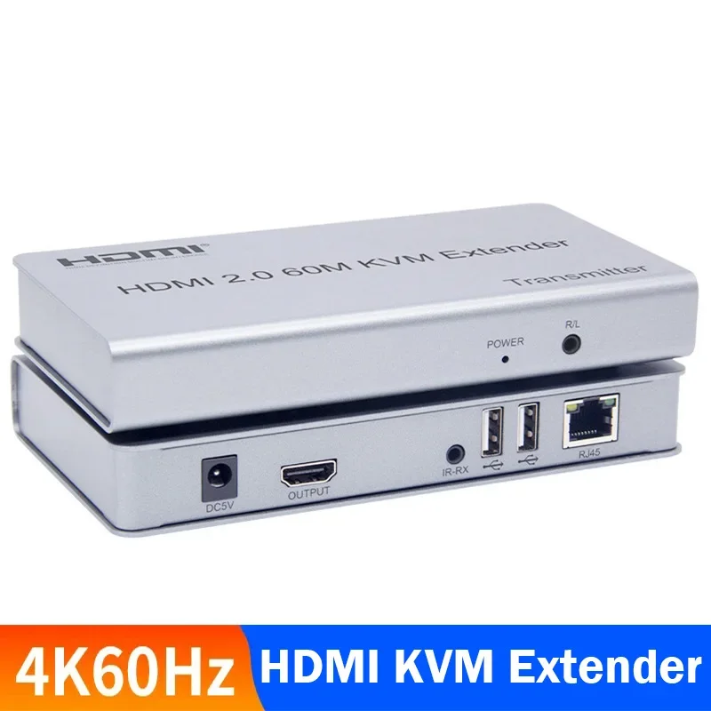 

4K 60Hz HDMI KVM Extender over Rj45 CAT5e/6 60M HDMI KVM USB Ethernet Extender with 3.5mm Audio &Loop-out Support Mouse Keyboard