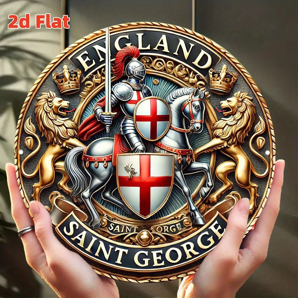 2D Flat, 2D Flat England St. George's Cross Knight Emblem Wall Plaque - Medieval Aluminum Round Metal Wall Art 7.8x7.8 Inch, Dur