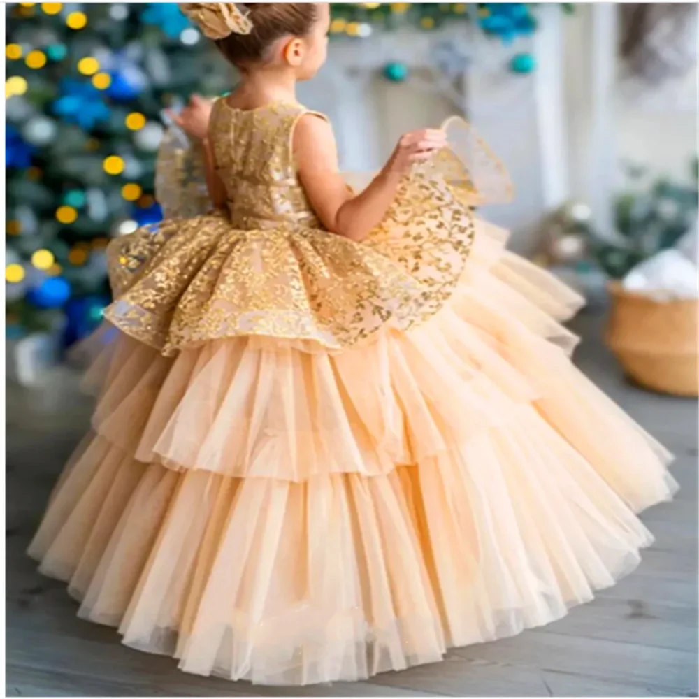 Vestido de encaje de tul sin mangas A + para niña, vestido de flores en capas, Bola de princesa, desfile de belleza, primera comunión, regalo de cumpleaños sorpresa para niños