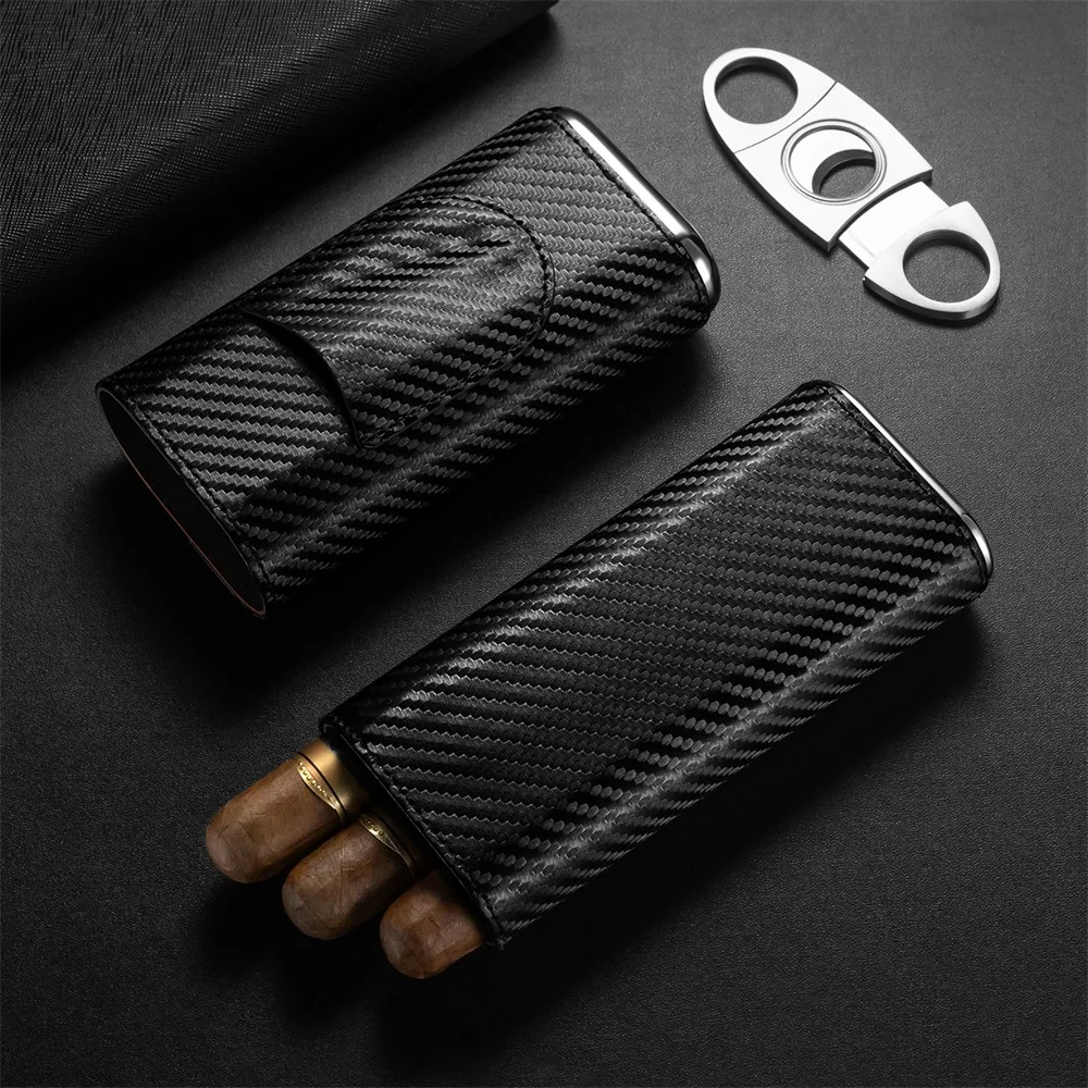 3-pack Cigar Case Portable Leather Holder Box Storage with Stainless Steel Sharp Cigar Cutter Luxury Smoking Accessories CH-24FA