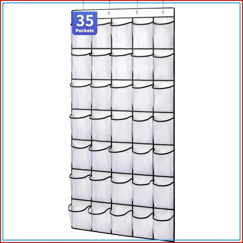35 Pockets Over Door Shoe Organizer, Hanging Storage with Mesh Pockets, Large Capacity, 4 Metal Hooks, White
