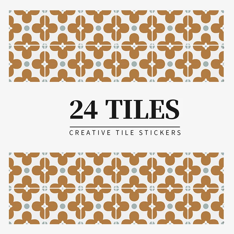 24 pieces of Vintage Pattern Glossy Self-adhesive Tile Stickers for Kitchen and Bathroom Removable Waterproof Wall Sticker