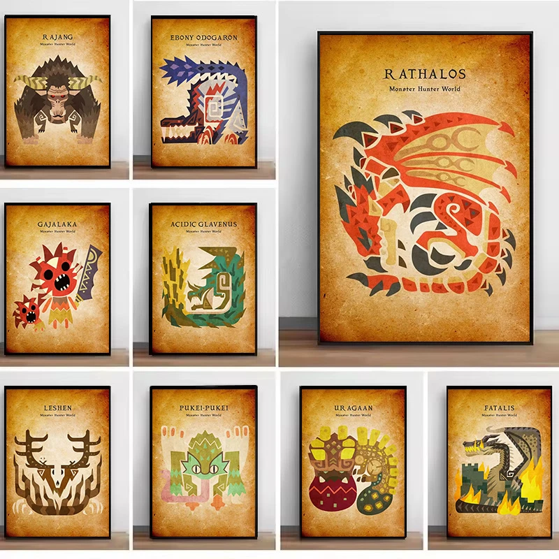 Japanisches Spiel, animierte Vintage-Leinwandmalerei, Wandkunst, Bilder, Monster Hunter, Poster und Drucke für Wohnzimmer, Heimdekoration