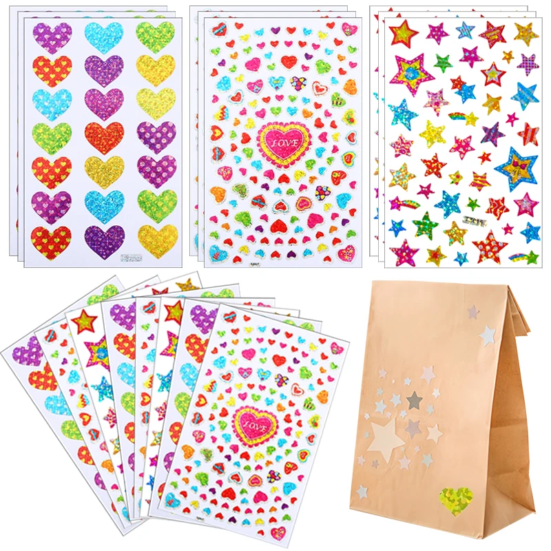 10 Sheets Laser Stickers Colorful Heart BD Star Love Heart Tear-Resist Notes Diary Calendar DIY Material Party Birthday Gift ZYF