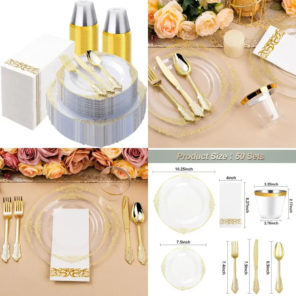 

Золотые пластиковые тарелки, 350 упаковок, набор одноразовой посуды на 50 гостей, в комплект входит 100 прозрачных и 150 золотых серебряных изделий.
