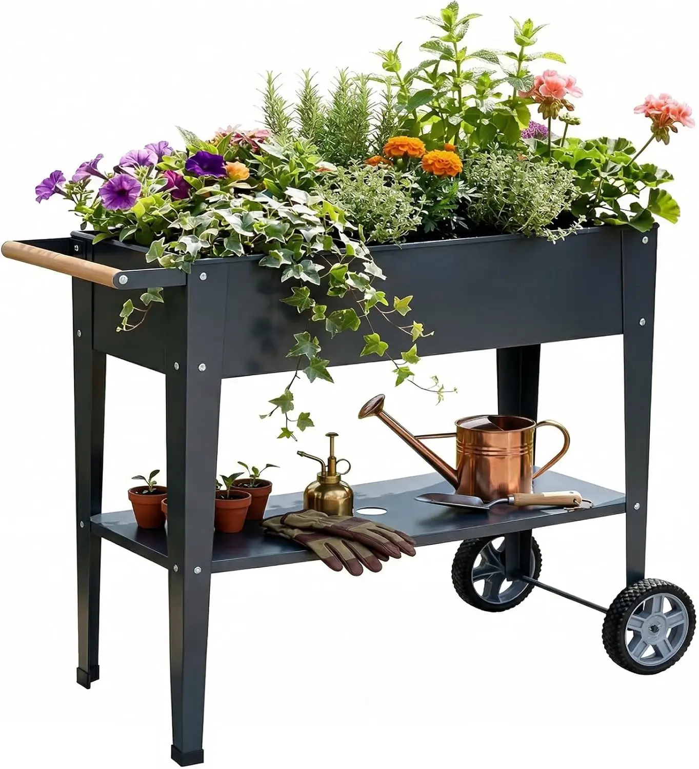 

Raised Garden Bed Outdoor with Wheels & Legs for Mobility, Solid Lower Storage Shelf & Wooden Handle, Metal Elevated Rai