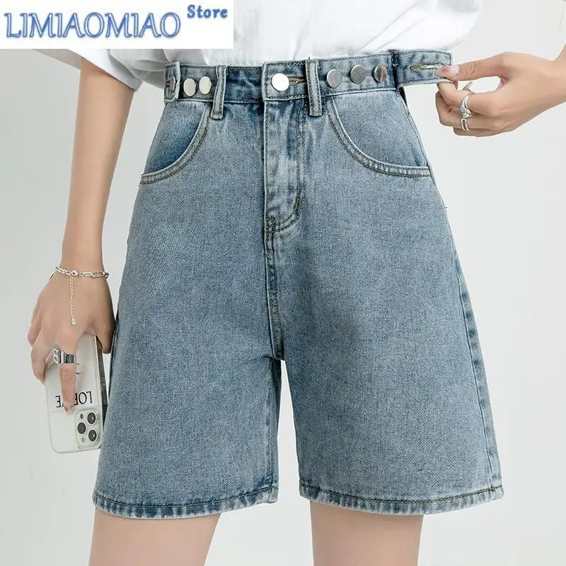 New Blue Belted Shorts Jeans Women Baggy High Waist Straight Vintage Streetwear Wide Leg Pants Summer Femme Denim Short Pants