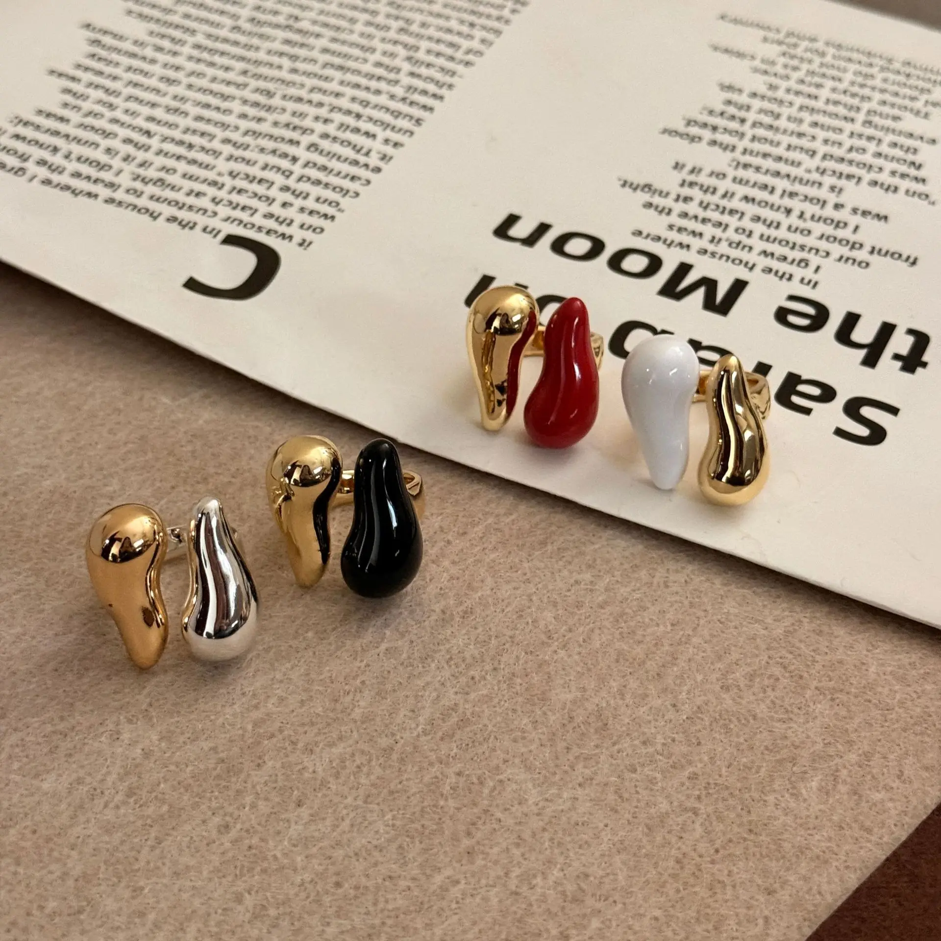 Vintage Water Drop Irregular Enamel Open Adjustable Rings for Women Girls Gold Plated Trendy Finger Jewelry Gift