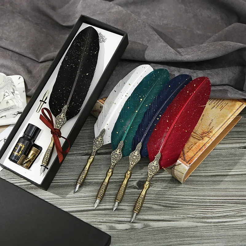 1PCS Feather Pen Set Gift Box Ink Glass Pen Sprinkle Gold Student Gift