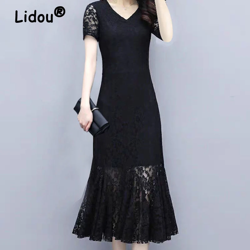 

Hepburn Elegant Sexy Lace Black Party Trumpet Dresses for Women 2023 Summer Fashion V Neck Short Sleeve Slim Midi Dress Vestidos