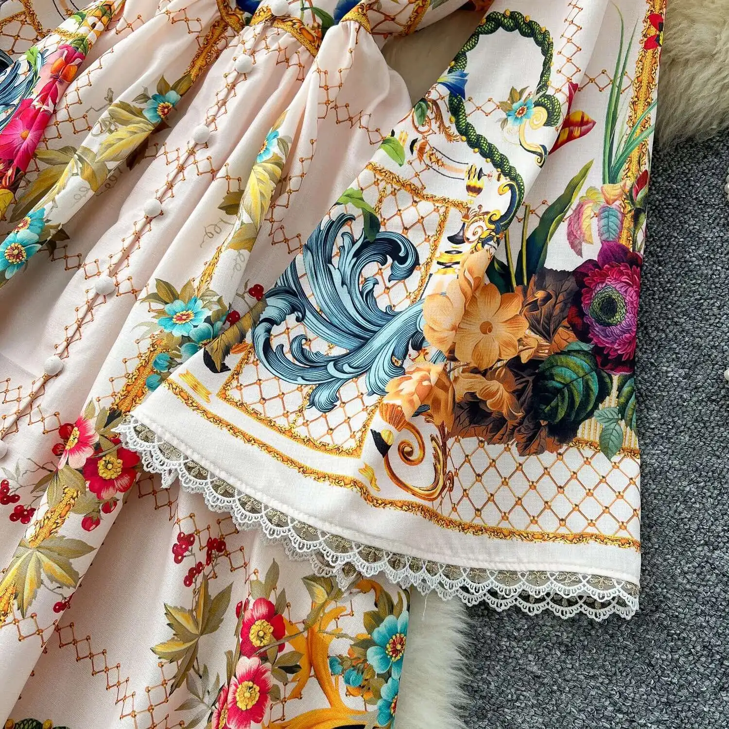 우아한 Ral 긴 맥시 드레스 셔츠 여성 랜턴 전체 슬리브 국립 트렌치 인쇄 싱글 브레스트 레이스 넥 파티 Vestidos