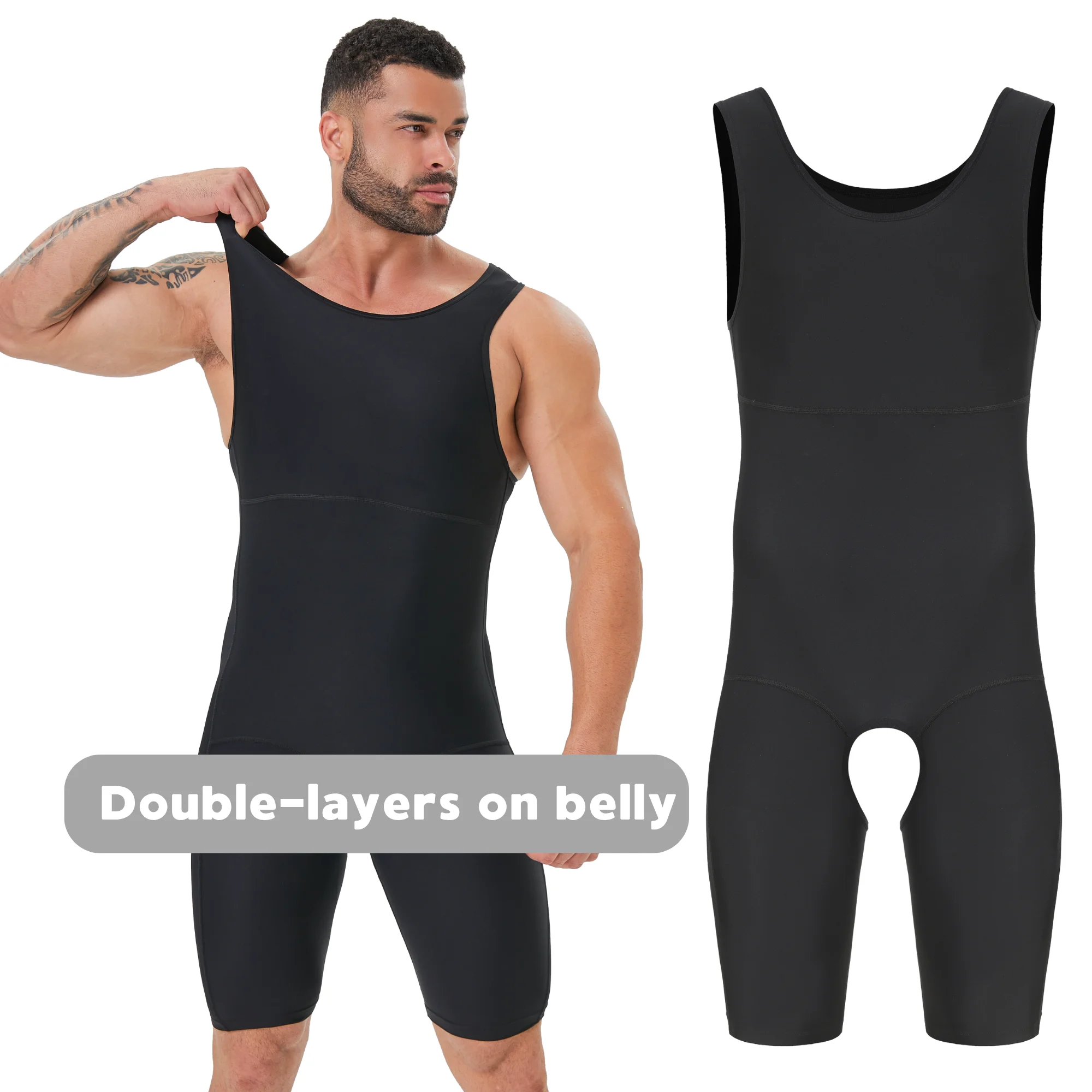 

Men's Double Layer Tummy Control Shapewear Bodysuit Breathable Anti-Chafing Fitness Compression Base Layer
