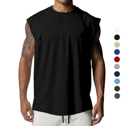 Men's Solid Color Running Sleeveless Tank Top Round Neck Moisture Absorbent Sweat Qucik Drying Cut Off Vest Summer Sports Shirt