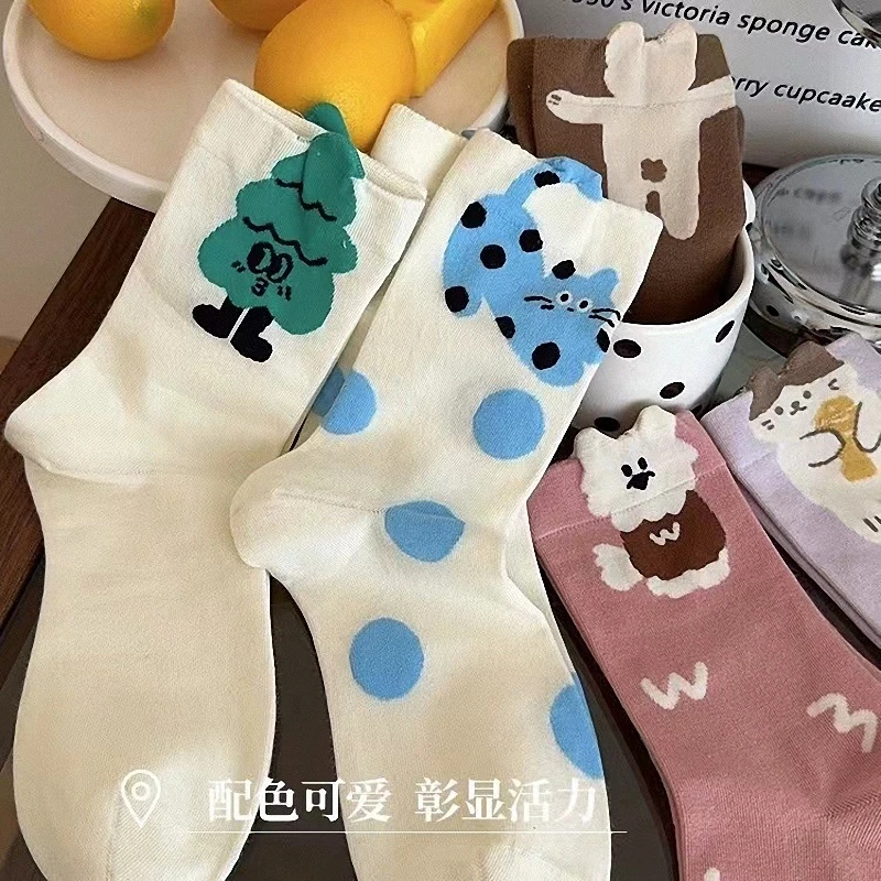 5/10 Pairs New Style Stacked High Quality Women's Socks Dongdaemun Creative Design Cute Japanese Style Middle Cartoon Girl Socks