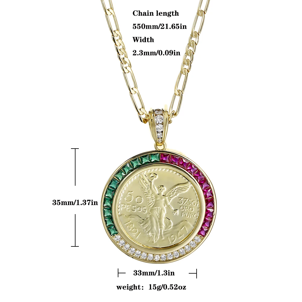 Colored vermiculite coin pendant necklace copper plating 14K gold fashion jewelry men and women lucky accessories festive gift