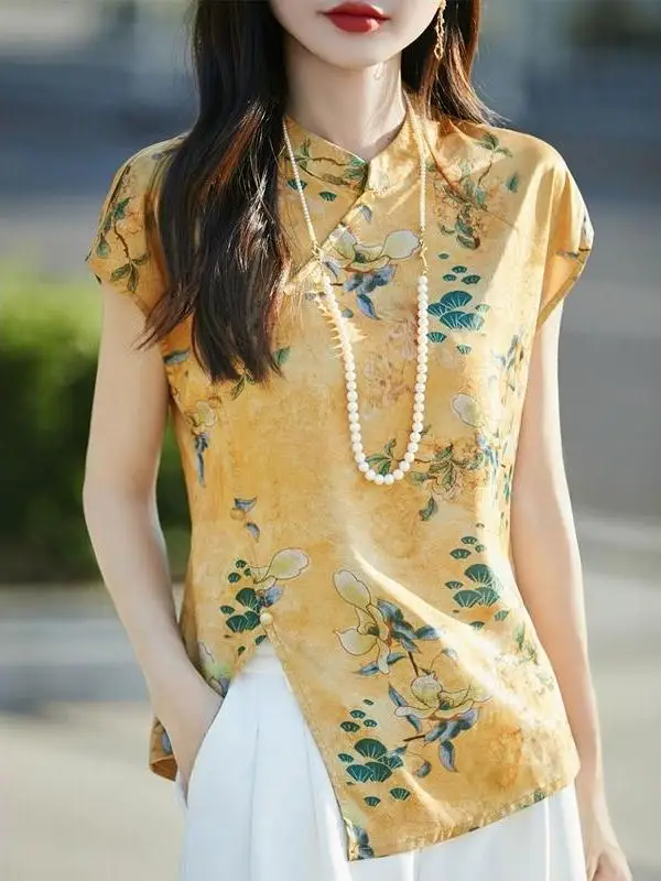 

Новая женская футболка в китайском стиле с коротким рукавом, лето 2025, с принтом, асимметричным подолом, воротником-стойкой и узлом