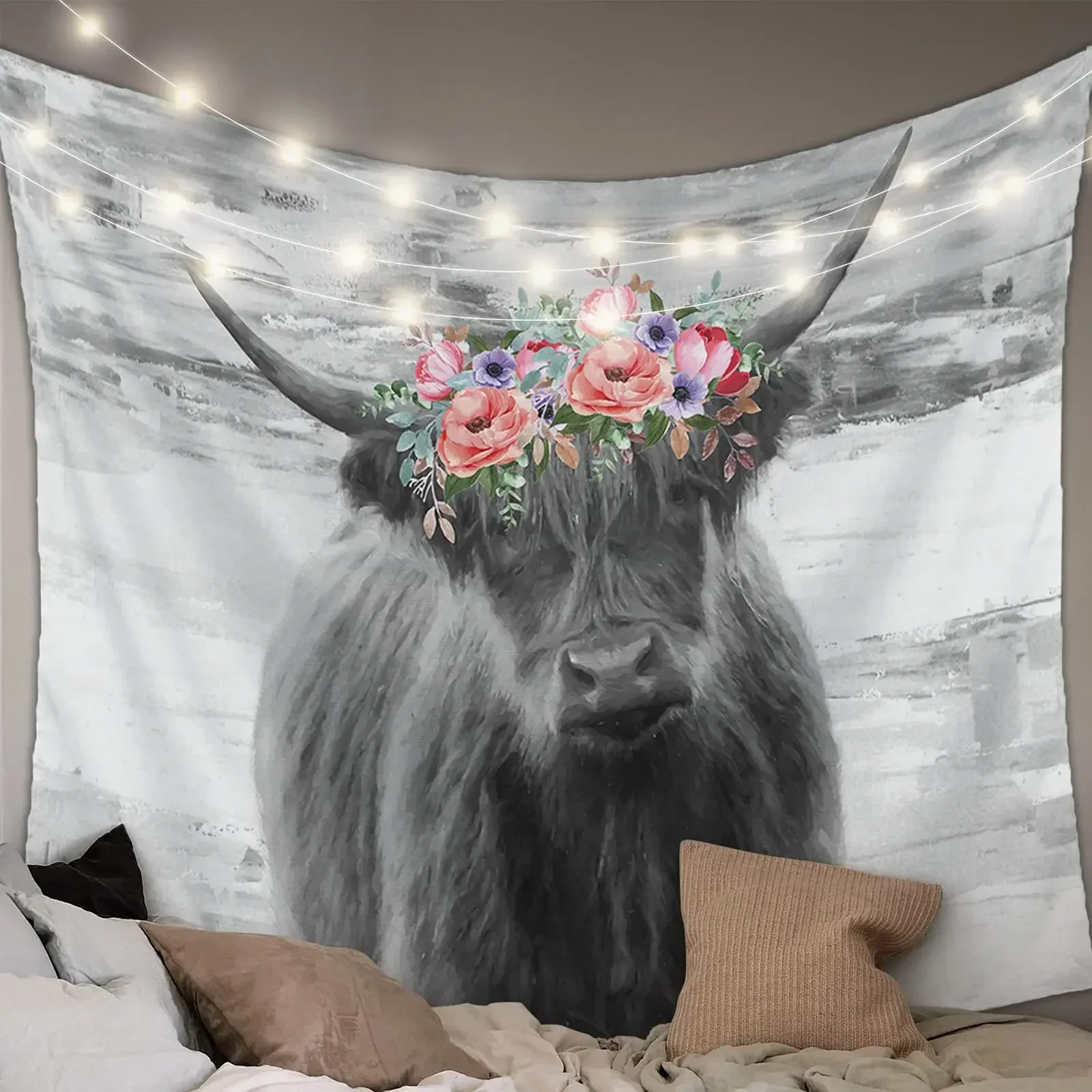 Printing Tapestries Aesthetic Cool Wall Hanging Farmhouse Grey Animal Bull Portrait Decor Rustic  Cattle for Living Room Home