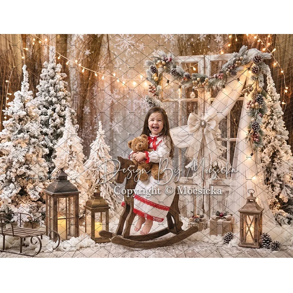 Mocsicka Backdrop Photography Christmas Window Snow Tree Lantern Garland Wonderland Background Rustic Winter Family Studio Photo