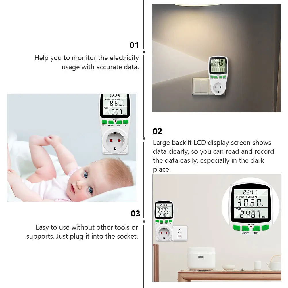 

Power Meter Plug Consumption Analyzer with Large Backlit LCD Display Eu Plug Electricity Usage Monitor Voltage