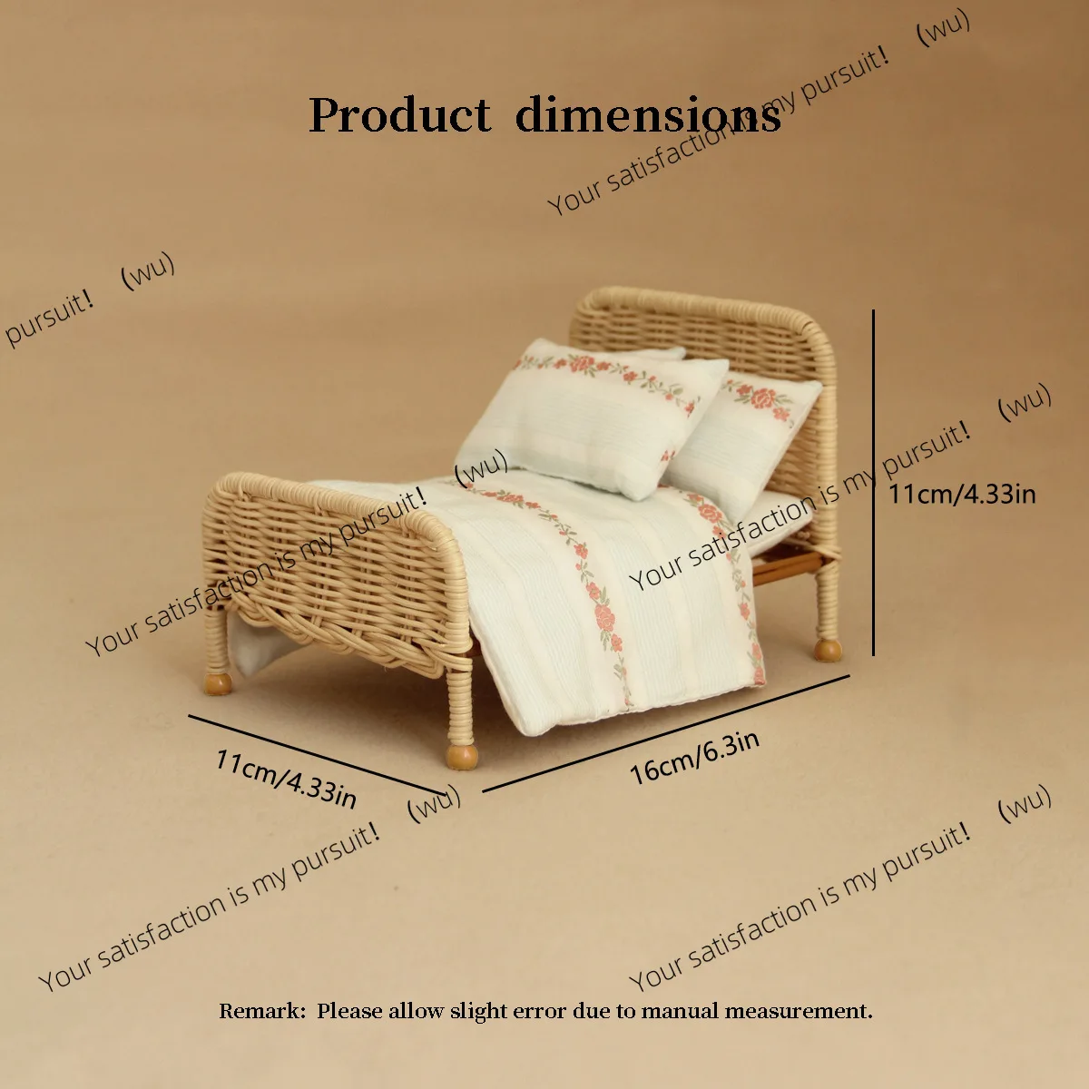 1:12 Hand-woven miniature rattan bed simulation furniture model mini retro home decoration ornament natural rattan